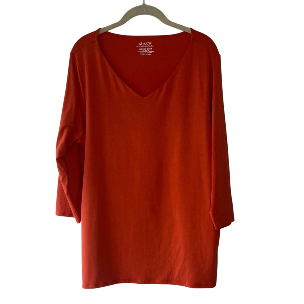 Chico’s the ultimate tee v neck orange 3/4 sleeve cotton modal blend Sz 3